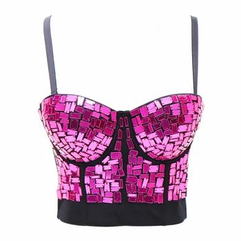

2020 Sexy Fashion Women Tank Top Backless Fuchsia Sequined Night Club Party Halter Crop Top Streetwear