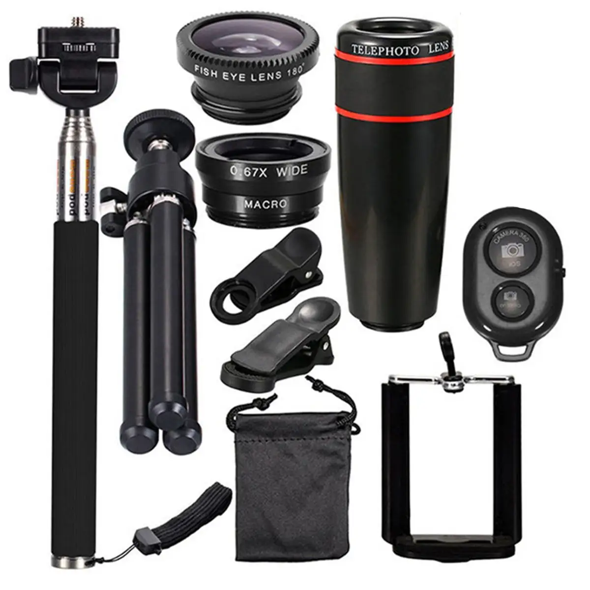 

10 In 1 Smartphone Camera Lens Cell with Clip Universal Optical Telescope Kit Mobile Zoom GEOFOX Bluetooth Selfie Stick Tripod