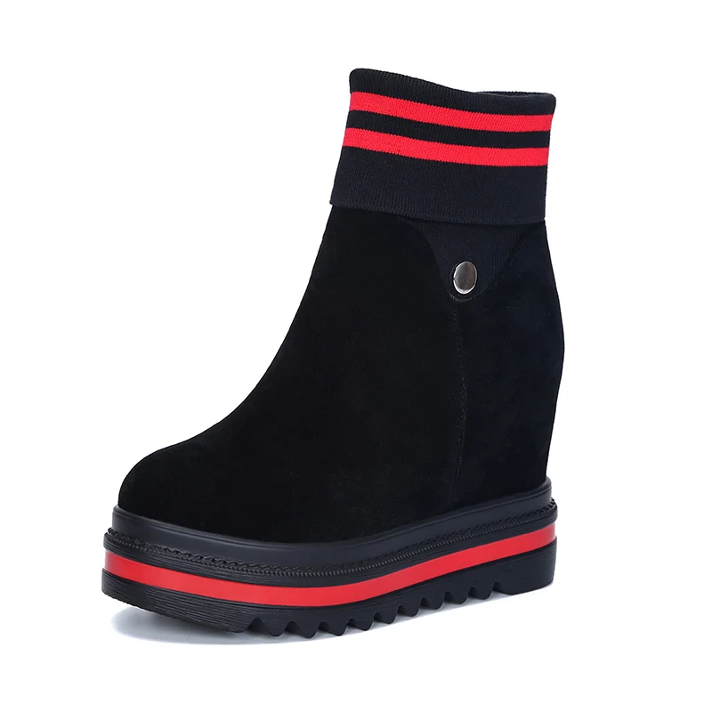 

US4-10 Womens Round Toe Platform Ankle Boots Stitching Socks Wedge Super High Heel Zipper Shoes Punk Motorcycle Black A1633