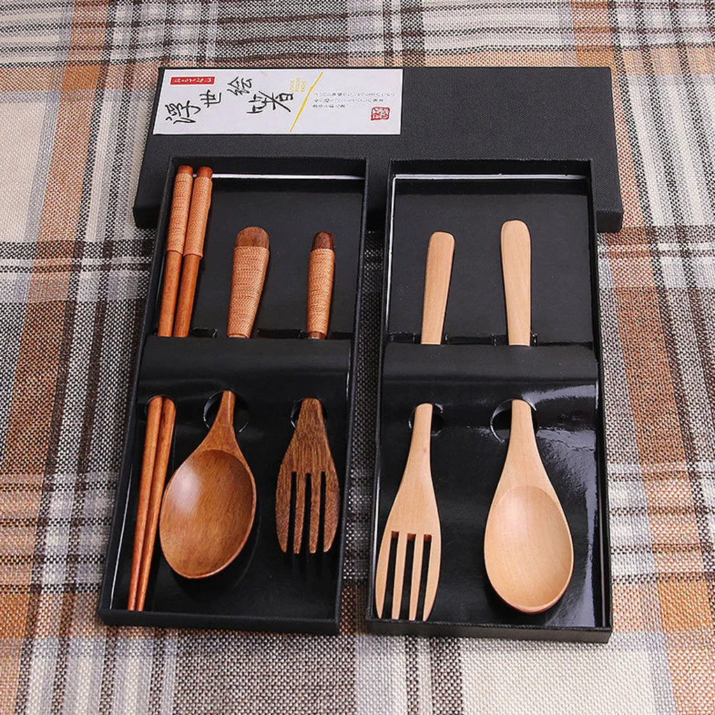 New Japanese Style Vintage Wooden Chopsticks And Spoon Tableware 5pcs Set