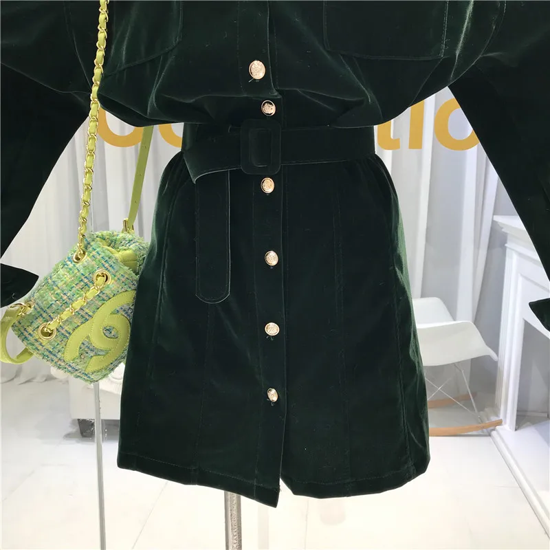 ALPHALMODA Autumn and Winter New Style Velvet Shirt Dress Women's Turn-dow Collar Pocket Single Breasted Sashes Dress