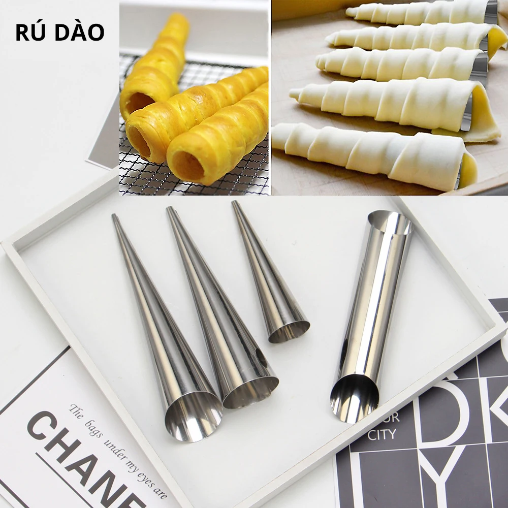 

4pcs Stainless Steel Spiral Croissant Tubes Horn Moulds Conical Tube Cone Pastry Roll Molds Croissants DIY Baking Tools R12