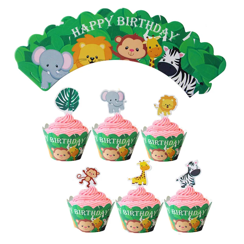 Jungle Party Happy Birthday Cake Decorations Animal Lion Monkey Tiger Cake Toppers Cupcake Wrapper Child Safari Party Supplies