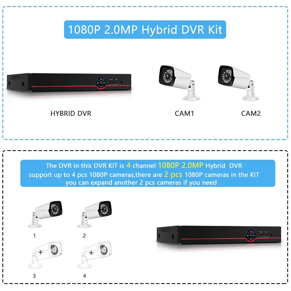 CVI TVI NVR HVR AHD 5-в-1 DVR 4CH CCTV Регистраторы+ 2 шт. видео, для наблюдения, безопасности, Камера видеонаблюдения Системы набор на открытом воздухе