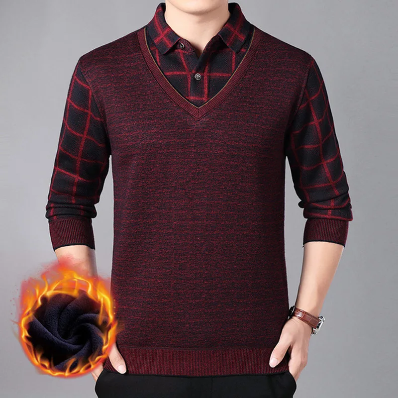 Dad Autumn Winter Sweater Men Extra Fleece Add thickness Sweaters Middle-aged Business Casual Knitted Sweater Men