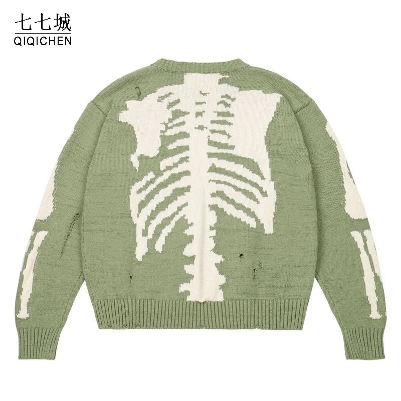 Mens Hip hop Sweater Skeleton Bone Printing Oversized Woman High Quality Streetwear Damage Hole Vintage Punk Knitted Pullover