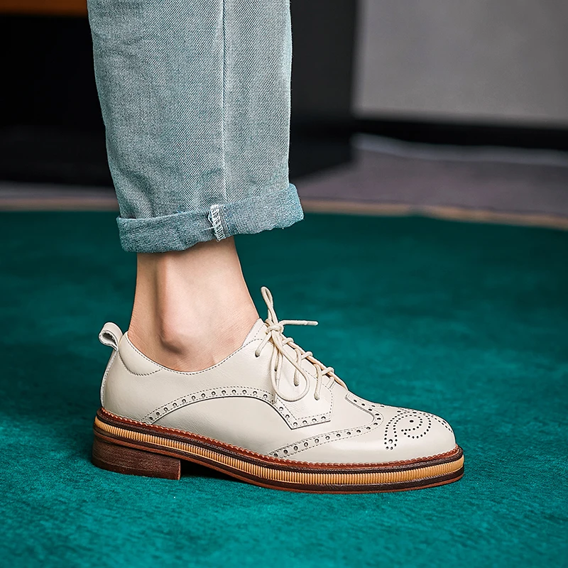 Women Genuine Leather Oxfords Shoes Hand-made Leisure Lace-up Brogues Wingtips Shoes for Ladies Autumn Flat shoes