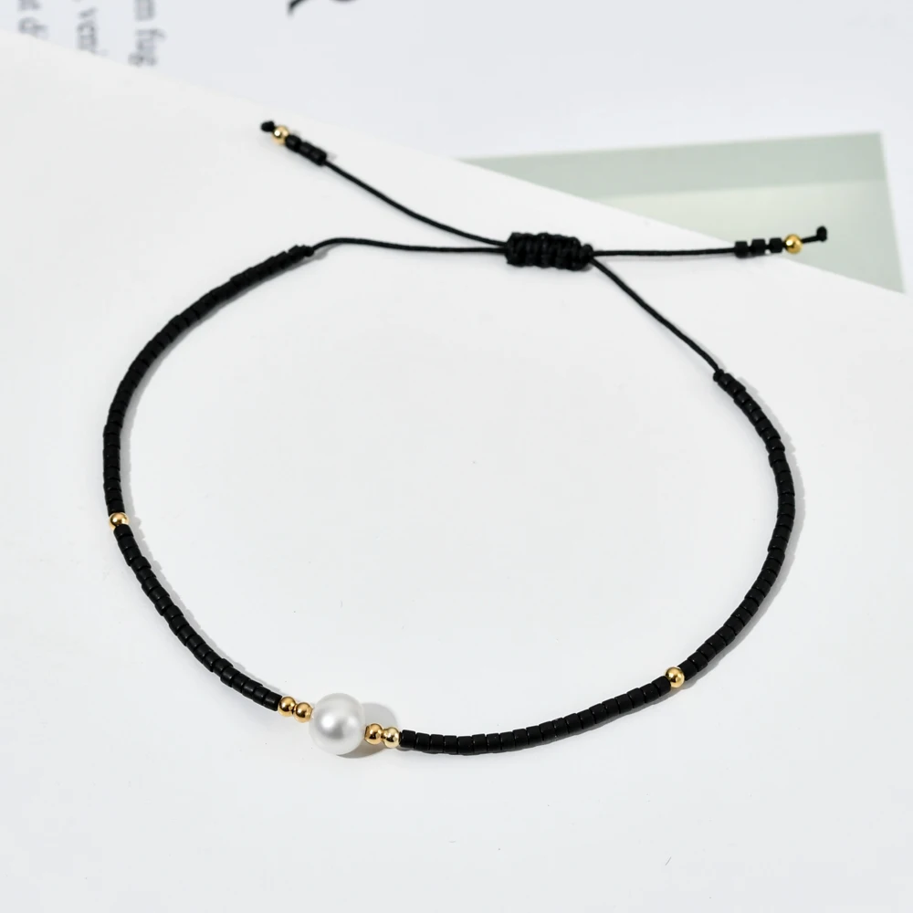 ZMZY Thin Natural Pearl Bracelet Miyuki Beads Handmade Black Glass Stone Bracelets For Women Boho Adjustable Rope Lady Jewelry