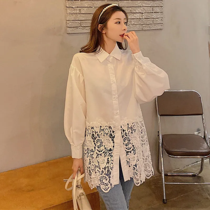 Открытые кружевные сетчатые Блузы Mujer De Moda, белые женские топы, модные брендовые свободные рубашки с длинным рукавом для женщин, корейский стиль, Новинка