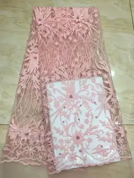 

New hot sale beaded sequin embroidery French tulle lace fabric, 5 yards/piece, pink tulle lace fabric FD-111