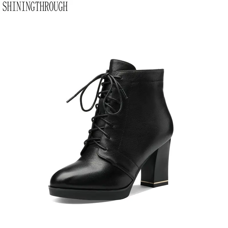 

2020 New genuine leather Fashion Women Ankle Boots Square High Heel Pointed Toe Solid Ladies Motorcycle Boots Size 34-41