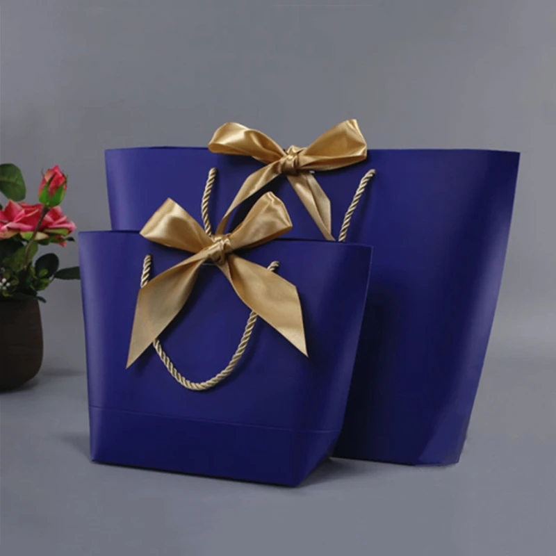 Orange Paper Bag With Blue Ribbon Handles With Box and Gift 