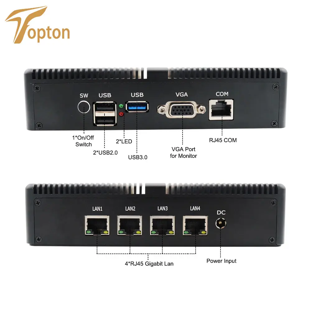 Topton безвентиляторный Pfsense мини-ПК Intel Celeron J1900 4* Lan 1* RJ45 межсетевой маршрутизатор 24 часа работы USB 3,0 VGA с кронштейном VESA