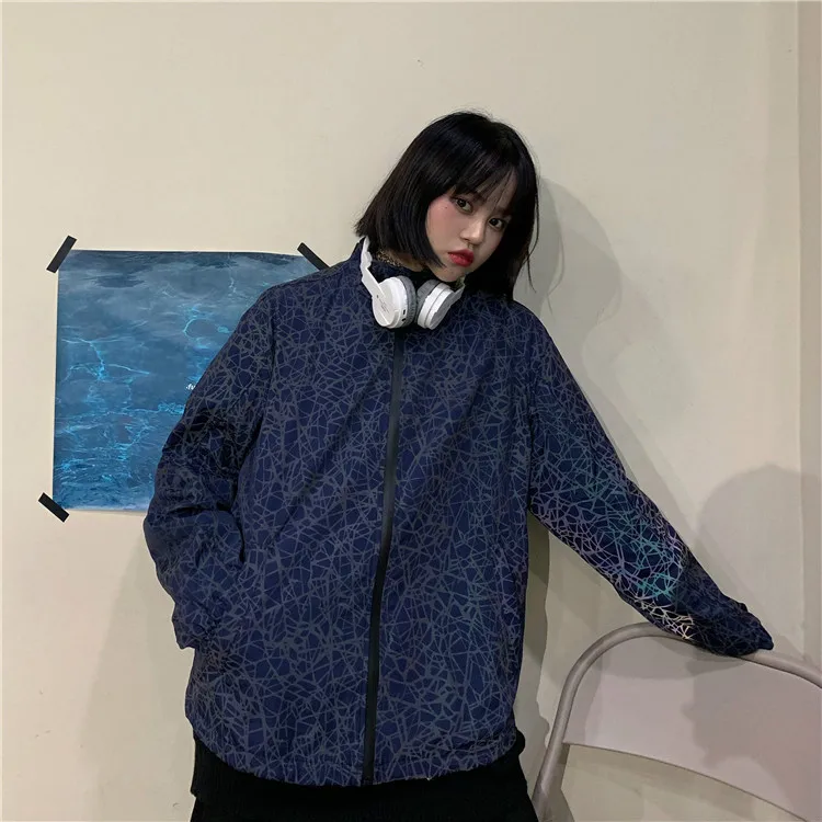 Neploe Harajuku, светоотражающая куртка-бомбер с принтом, для женщин и мужчин, на молнии, повседневное пальто,, длинный рукав, стоячий ворот, Двусторонняя одежда, 55769 - Цвет: blue