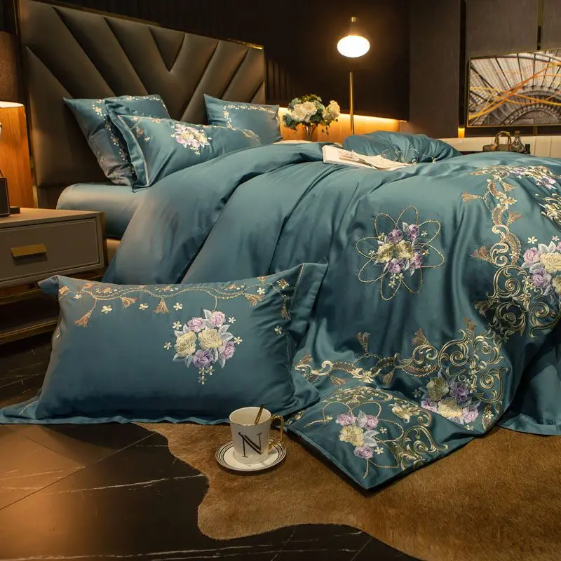 New Luxury Green Flowers Embroidery 60S Egyptian Cotton Comfortable Bedding Set Duvet Cover Bed Linen Fitted Sheet Pillowcases