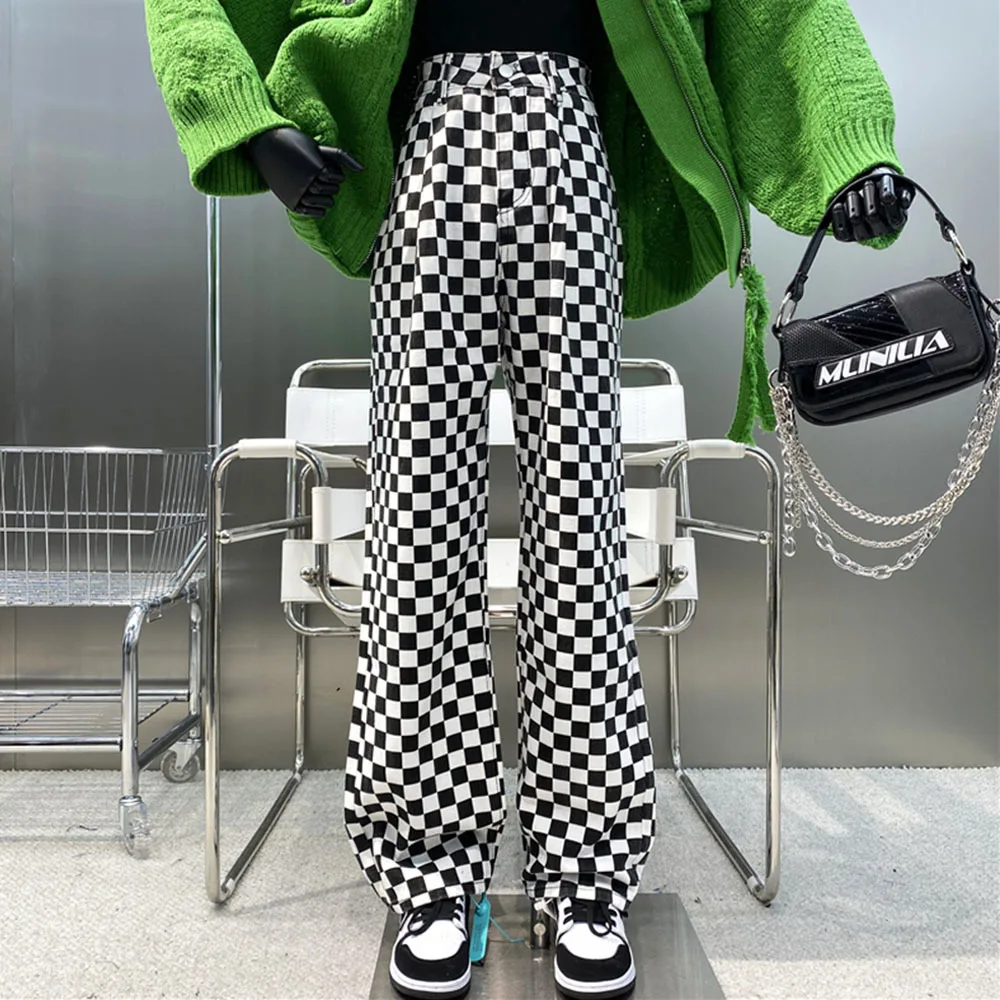 Harajuku Pants Women 2021 Jeans Woman Streetwear Checkered Korean Style Straight Wide Leg Plaid Trousers | Женская одежда