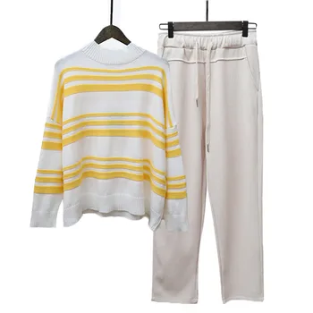 

SMTHMA Stripe Loose Sweater 2 Pieces Set New Autumn And Winter Women chic Knitted Pullover top + Elastic waist trousers suits