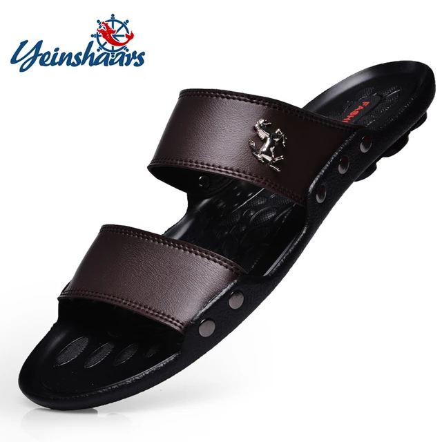 Sandales décontractées en cuir pour hommes, chaussures d'extérieur, pantoufles respirantes, tongs d'été, de plage, de marque célèbre 1