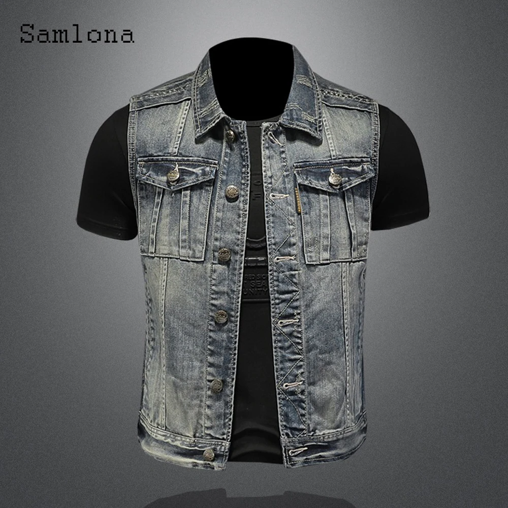 Samlona Mens Fashion Leisure Demin Vest Spliced Retro Jean Outerwear 2022 European and American style Autumn Zip up Deim Jackets