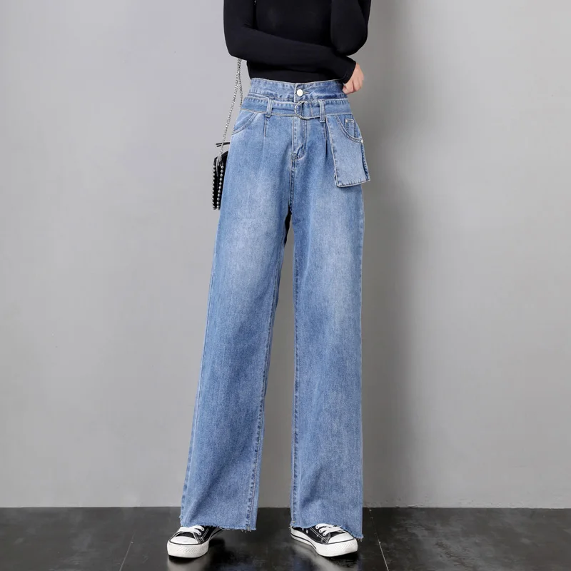 Высокая талия прямые джинсы женские осенние Tencel серые повседневные свободные широкие джинсы брюки полосатые длинные пояса палаццо брюки - Цвет: Синий