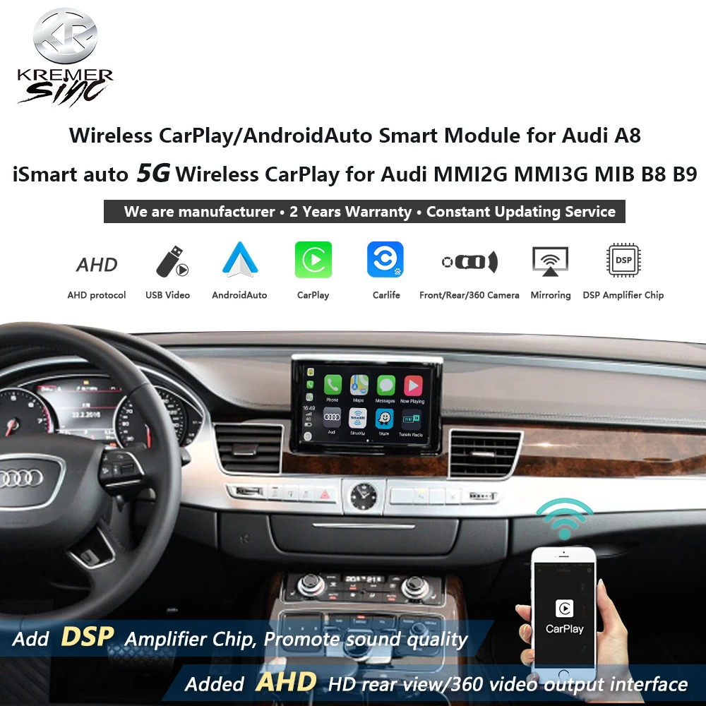 Зеркальное соединение беспроводной Apple CarPlay Android Авто модернизация для Audi A8 iSmart