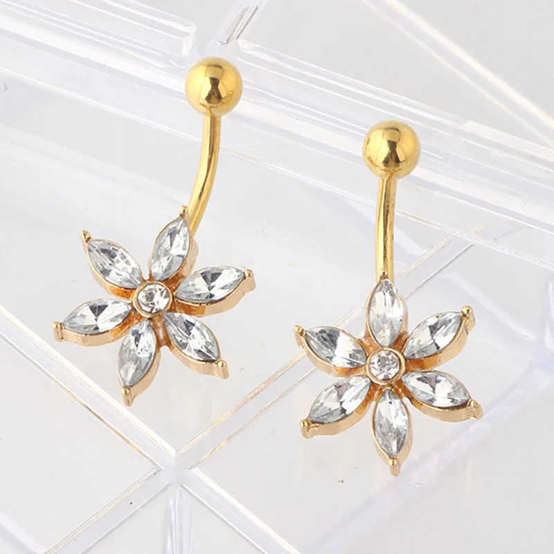 

JUNLOWPY Gold Flower Crystal Belly Navel Rings Body Piercing Belly Button Bar Women 14g Sexy Body Jewelry Wholesales