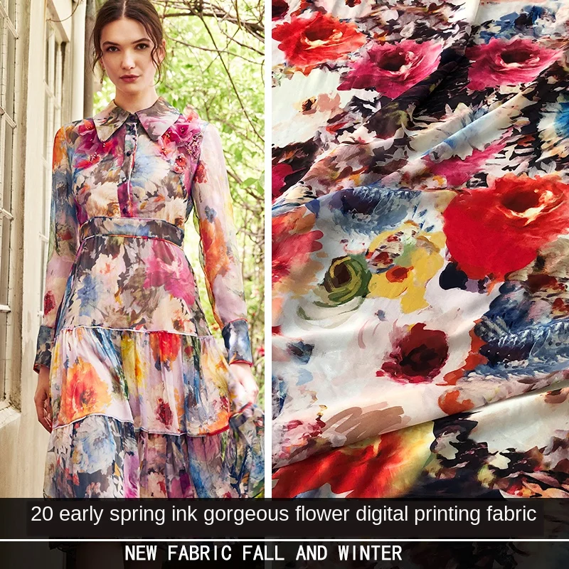 

2020 early spring European and American style high-definition digital printing ink gorgeous flowers chiffon clothing fabric