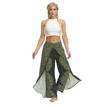 

Women Hippy Workout Loose Summer Long Yoga Pants Side Split Trousers Casual Wide Leg Folk Printed Palazzo High Waist