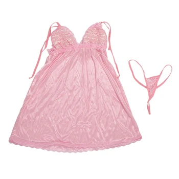 

Pink Women Gown Lingerie Night Robe Top Dress Low Cut Lingerie Sleepwear