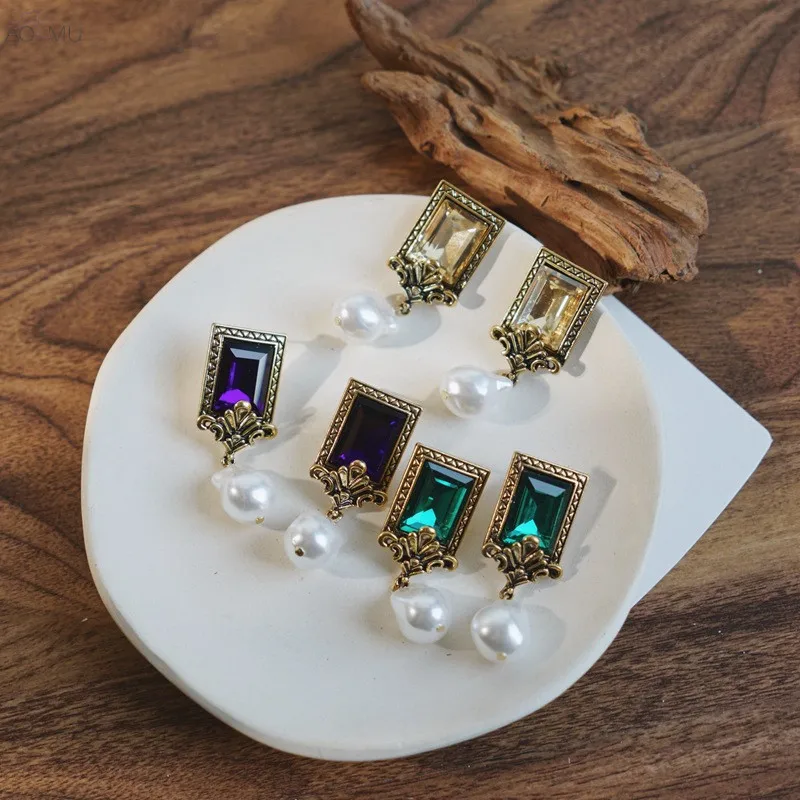 

AOMU Vintage Court Crystal S925 Sterling Silver Pin Square Geometric Pearl Tassel Drop Earrings for Women Birthday Gifts Wedding