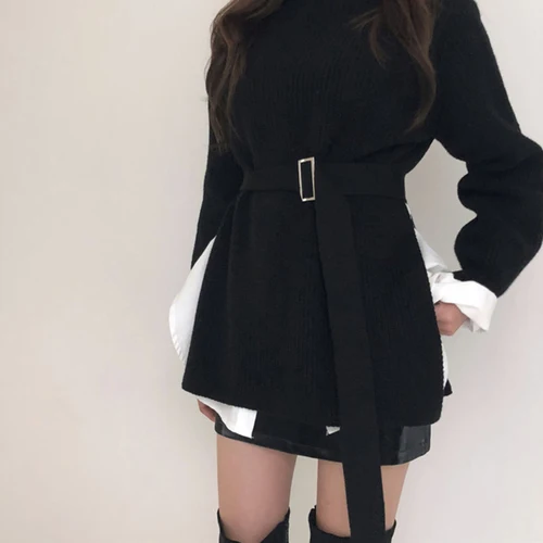 Woherb осенний вязаный корейский женский свитер винтажный пуловер с рукавами-фонариками сексуальный раздельный боковой пояс-бандаж водолазка джемпер - Цвет: Черный