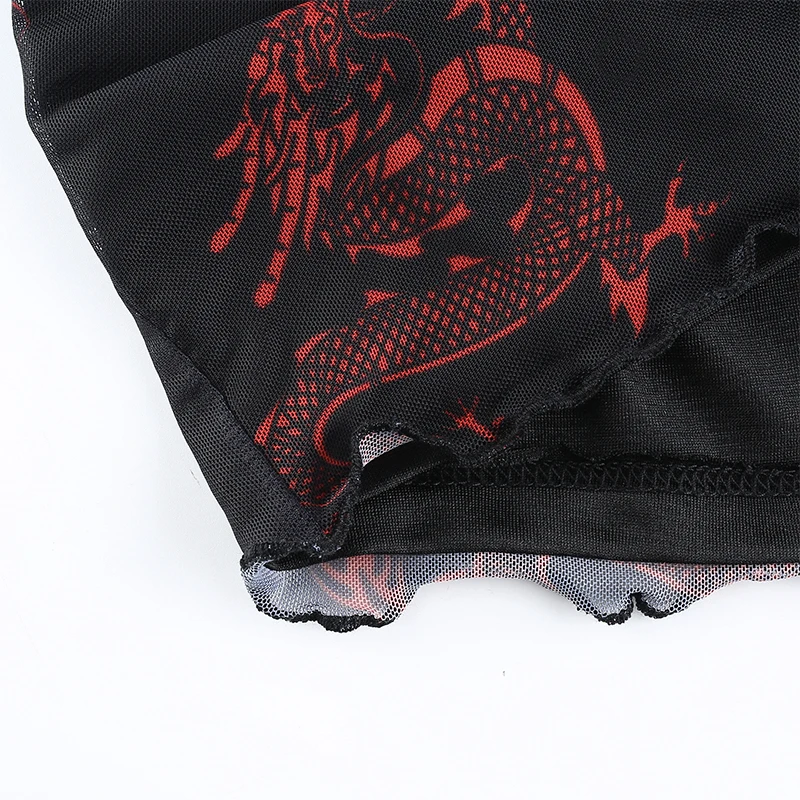 Darlingaga Chinese Style Dragon Print Summer Two Piece Set Women Mesh Sexy Matching Sets Strap Crop Top and Mini Skirt Suit 2020