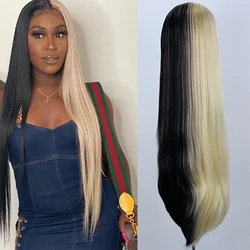 Half Black Half Blonde Long Bone Straight Synthetic Lace Front Wig 30 Inches Drag Queen Cosplay Wigs For Black Women