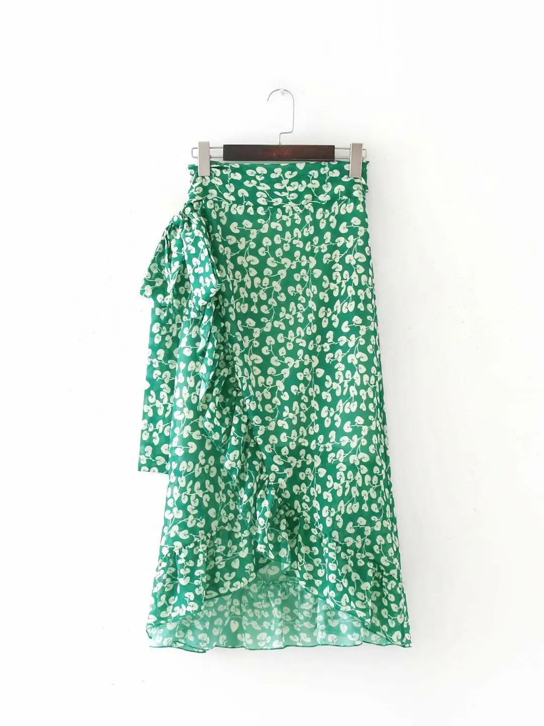 

Europe And America 2019 New Style Solid Green Base Floral-Print Chiffon Printed Flounced Half-length Wrap Skirt High-waisted Asy