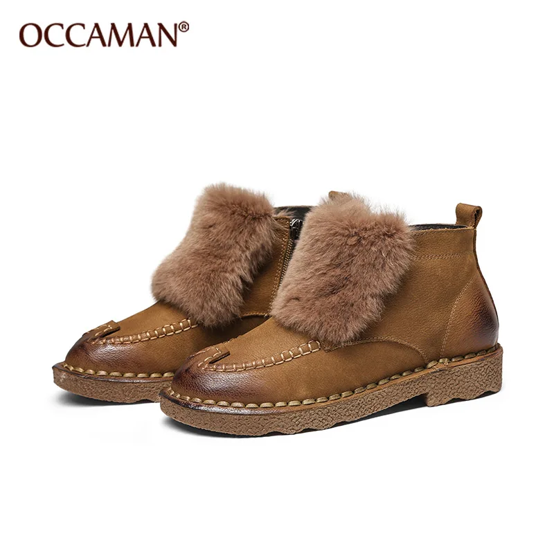 

OCCAMAN Autumn Winter New Handmade Retro Plush Slip-on Boots Warm Rabbit Fur Leather Women's Boots 16139