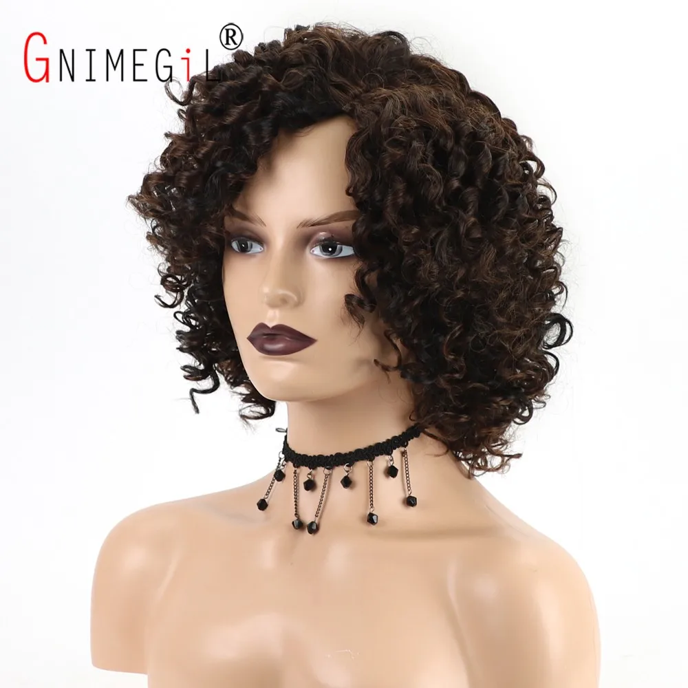 GNIMEGIL Female Afro Kinky Curly Wig Synthetic Fiber Colly Curls Wigs for Black Women Fashion Dark Brown Hair Replacement Wig