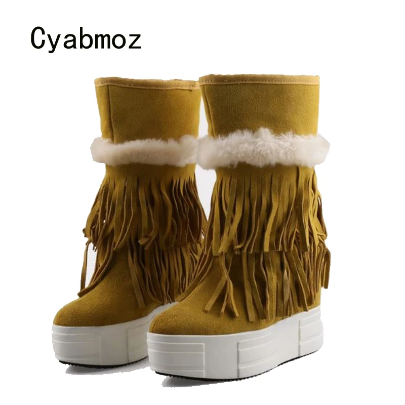 Cyabmoz/зимние ботинки; обувь, увеличивающая рост; женские вечерние туфли из натуральной кожи со скрытым высоким каблуком и бахромой; женская обувь на платформе