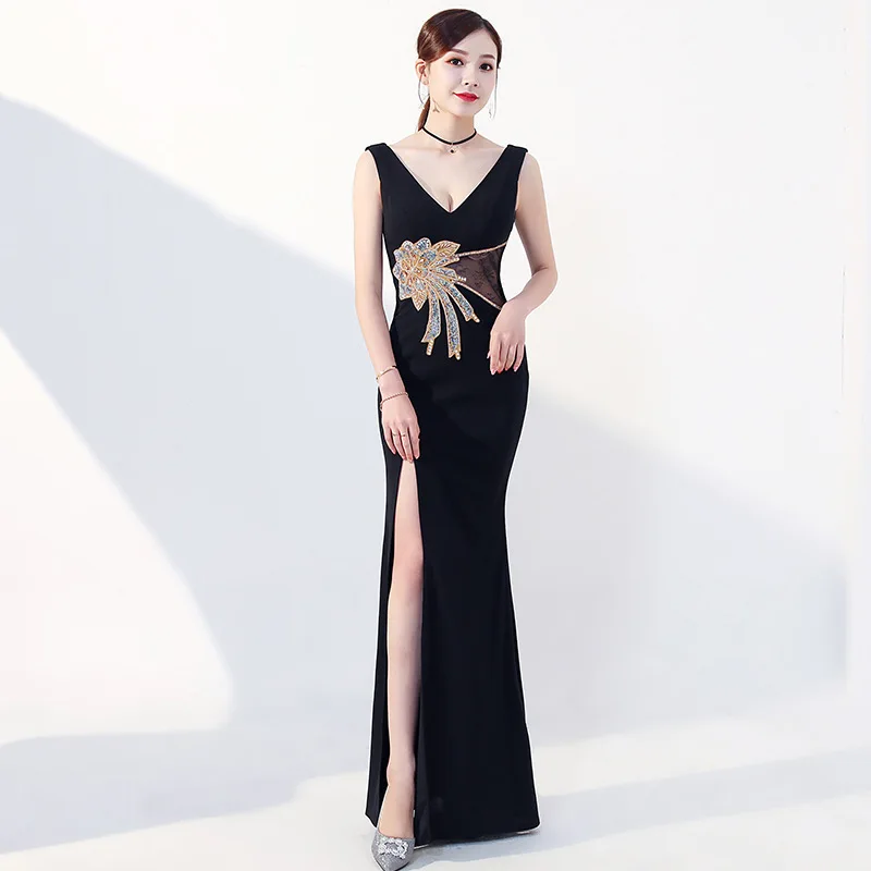 

Summer New Split Robe Chinoise Sexy Cheongsam Black Deep V Neck Qi Pao Women Chinese Evening Dress Qipao Promotion Slim Gown