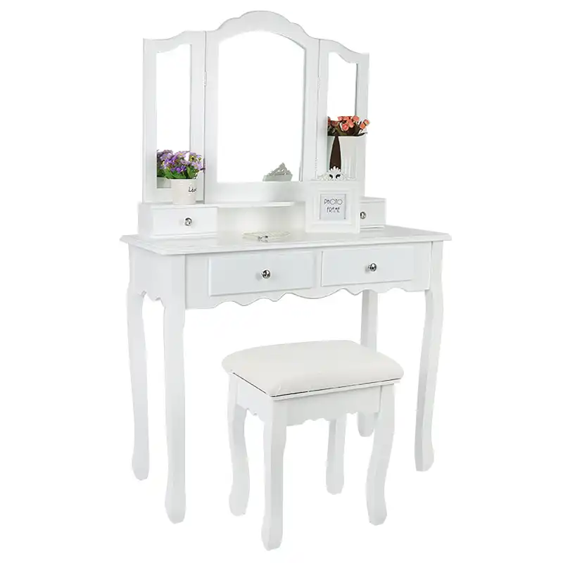 White Wooden Color Vanity Makeup Dressing Table Set With Stool 4