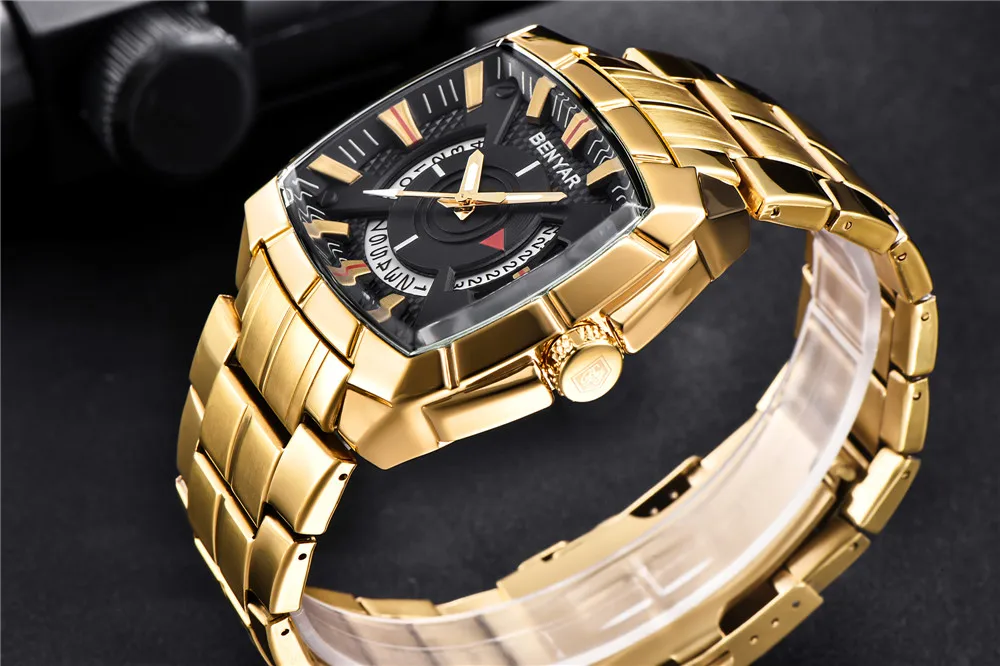 BENYAR мужские часы Бизнес Золотой нержавеющей стали Мужские кварцевые часы модные креативные спортивные водонепроницаемые часы наручные