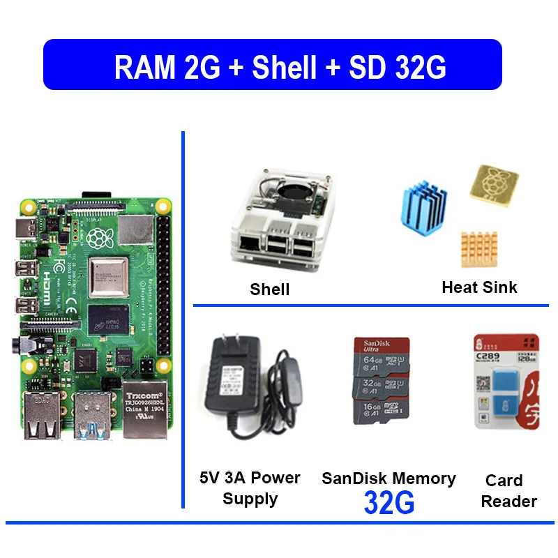 Raspberry Pi 4 Модель B 4B С оперативной памятью 2 ГБ 1,5 ГГц 2,4/5,0 ГГц wifi Bluetooth 5,0 корпус Охлаждающий радиатор источник питания последняя - Комплект: Normal Shell SD 32GB