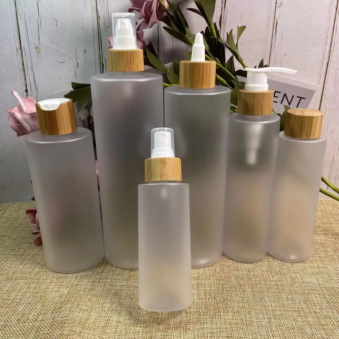 Frosted Clear Plastic Refillable Bottles With Bamboo Pump Lid Portable Toner Cosmetic Container Shampoo Lotion Travel Cream Jars