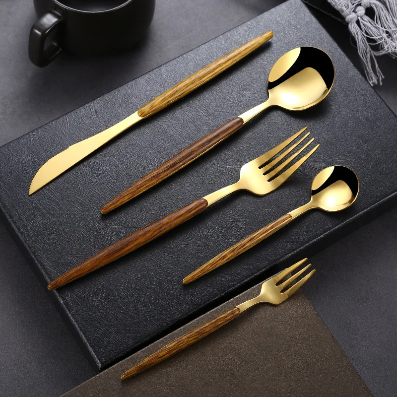 30Pcs Stainless Steel Dinner Gold Imitation Wooden Handle Dinnerware Knife Coffee Spoon Fork Cutlery Set Tableware Silverware