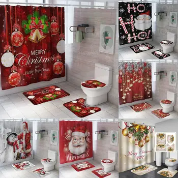 

Christmas 4pcs Bathroom Shower Curtain Set Printed Santa Claus Bath Water Absorbing Toilet Polyester Cover Mat Home Decor