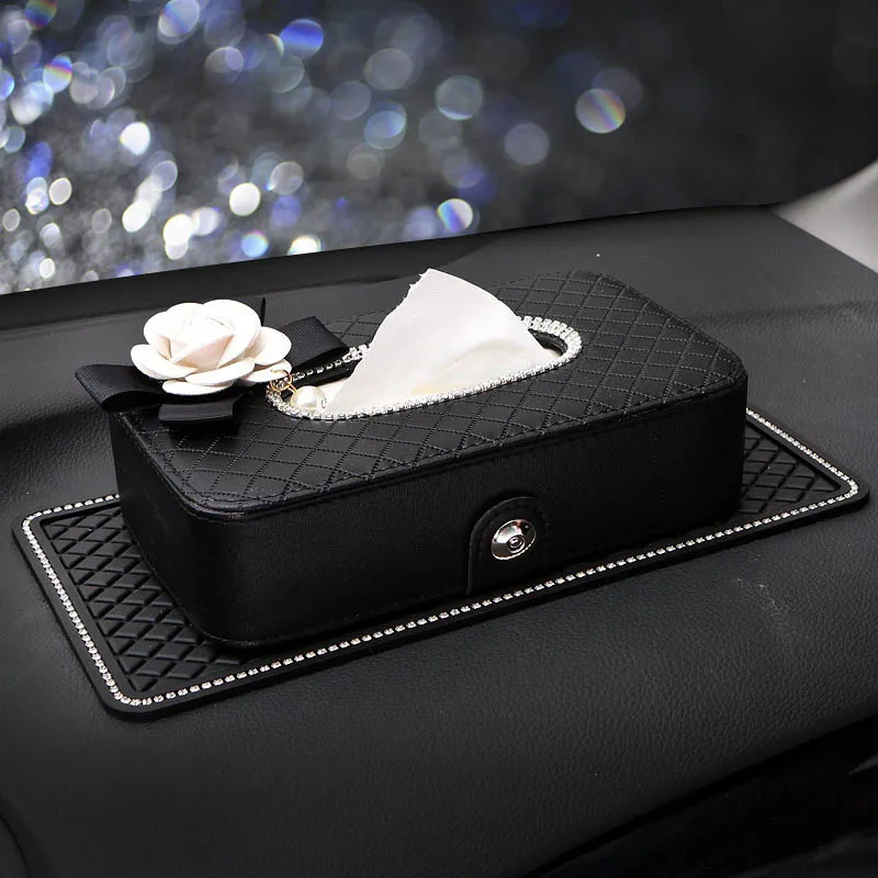 Алмазный цветок камелии коробка-Держатель салфеток в машину спинка сиденья подголовник подвесной Авто тканевый чехол кристалл автомобиль Стайлинг авто аксессуары