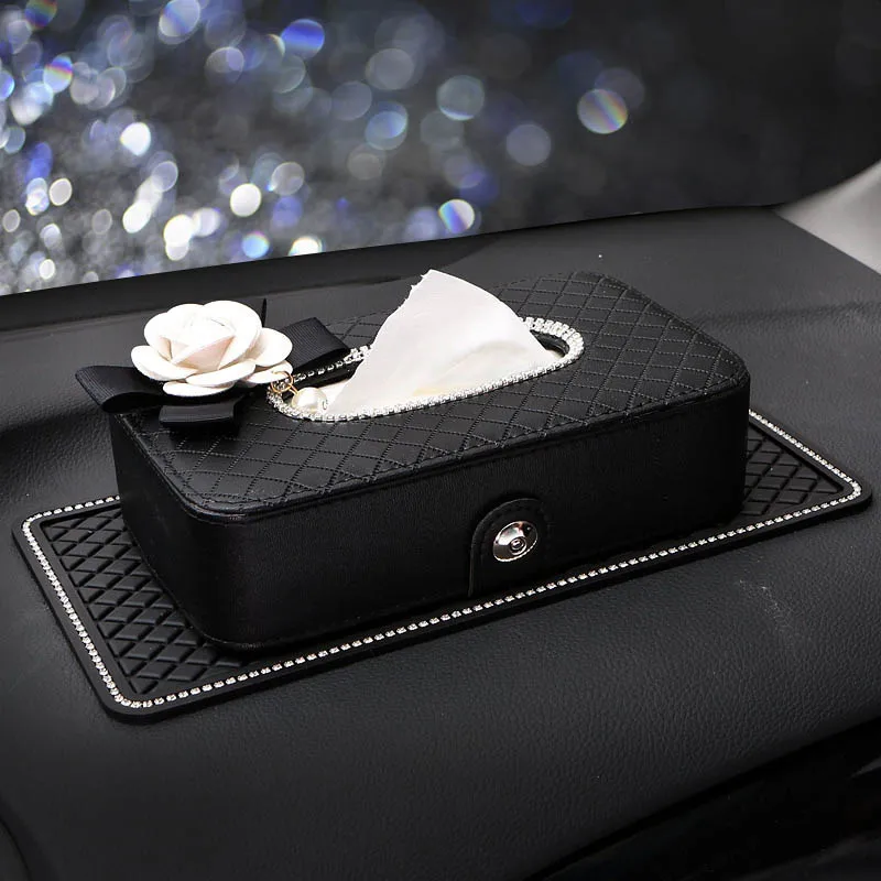 

Diamond Camellia Flower Car Tissue Box Holder Seat Back Headrest Hanging Auto Tissue Case Crystal Car Styling Auto Accessories