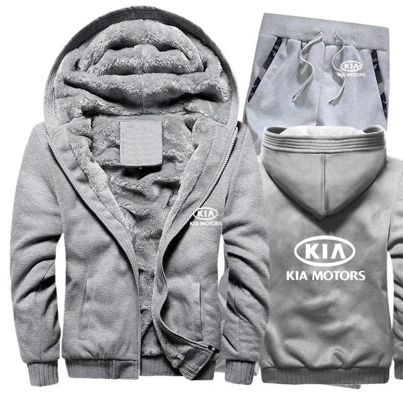 Hoodies Men KIA Car Logo Mens Hoodies Suit Winter Thicken Warm Fleece cotton Zipper Tracksuit Mens Jacket+Pants 2Pcs Sets