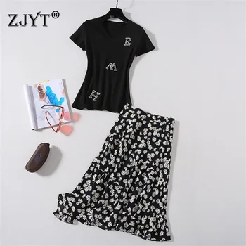 

High Street Fashion Summer 2Piece Set Women 2020 Elegant Lady Outfits Short Sleeve Beading Top Floral Print Skirt Matching Sets