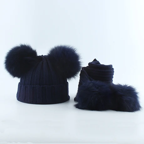 navy hat scarf Детская вязаная шапочка с натуральным лисьим мехом и помпоном, набор шарфов, костюм для маленьких мальчиков и девочек, зимние шапки, 4 предмета, меховая шапка с помпоном - Цвет: navy hat scarf