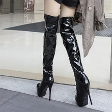 Пикантные красные сапоги до колена на очень высоком каблуке черные сапоги из лакированной кожи европейские и американские танцевальные сапоги для ночного клуба